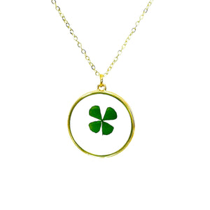Four leaf clover shamrock gold plated necklace good luck charm pressed flower jewelry