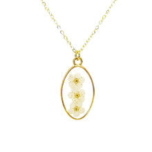 Load image into Gallery viewer, Pressed flower gold plated necklace forget me not oval white or blue