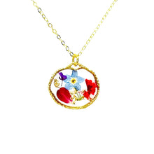 Load image into Gallery viewer, Pressed flower gold plated necklace forget me not teardrop or rounds