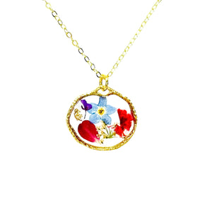 Pressed flower gold plated necklace forget me not teardrop or rounds