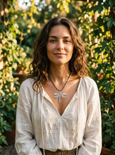 Load image into Gallery viewer, Outdoor garden lifestyle view of model wearing boho dragonfly statement necklace