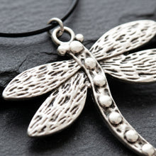 Load image into Gallery viewer, Macro close-up detail of hammered wings and beaded body on dragonfly pendant