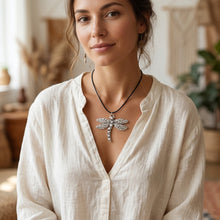 Load image into Gallery viewer, Model context photo wearing antique silver dragonfly necklace with linen shirt