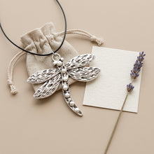 Load image into Gallery viewer, Artisan gift styling scene with dragonfly pendant necklace and gift pouch