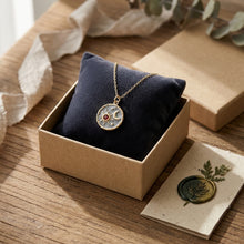 Load image into Gallery viewer, Gold celestial coin necklace in artisan gift box packaging display
