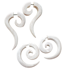 Load image into Gallery viewer, Wooden spiral earring organic jewelry rustic white color fake piercing