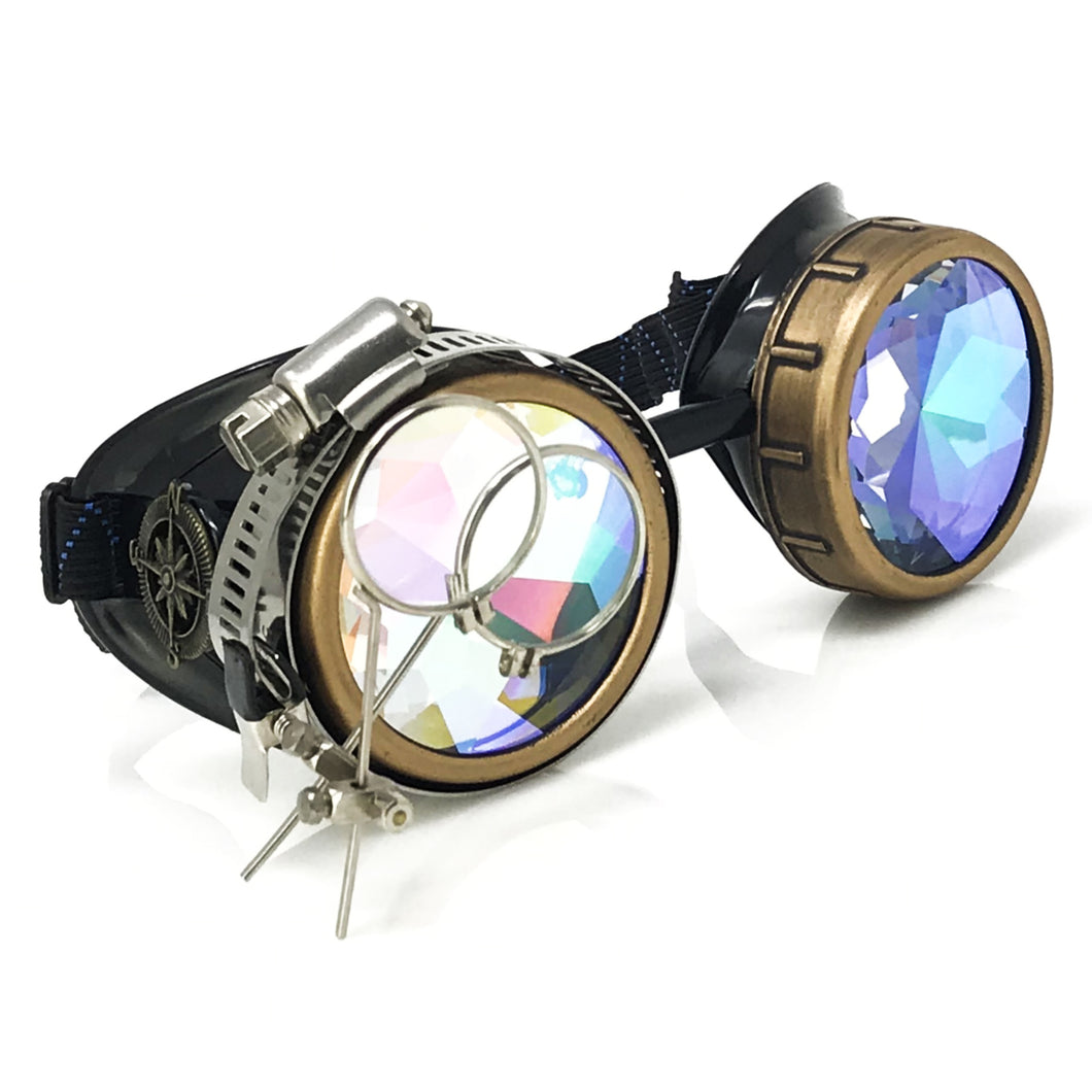 Steampunk Goggles in Victorian style with Compass Design, 3D Kaleidoscope lenses & ocular Loupe