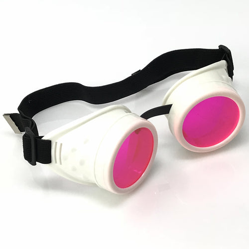 UV Glow in The Dark Steampunk Goggles Retro Round Rave Glasses, White Frame- Neon Pink Lenses