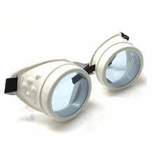 Load image into Gallery viewer, UV Glow in The Dark Steampunk Goggles Retro Round Rave Glasses, White Frame- Neon Blue Lenses