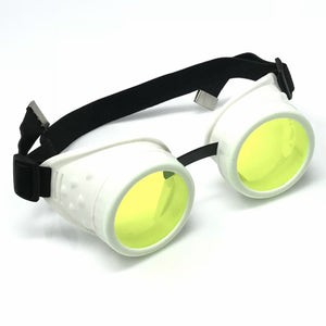 UV Glow in The Dark Steampunk Goggles Retro Round Rave Glasses, White Frame- Neon Green Lenses