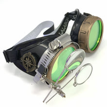 Load image into Gallery viewer, Steampunk Goggles in Victorian style with Compass Design,UV glow Neon Green lenses &amp; ocular Loupe