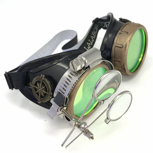Steampunk Goggles in Victorian style with Compass Design,UV glow Neon Green lenses & ocular Loupe