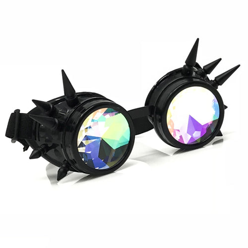 Rave Kaleidoscope Glasses for EDM music festival, Steampunk Diffraction Goggles, black spiked frame