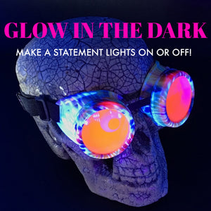 UV Glow in The Dark Steampunk Goggles Retro Round Rave Glasses, Rainbow Frame- Neon Pink Paste Lenses