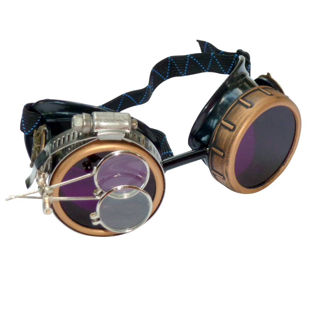 Steampunk Goggles in Victorian style with Compass Design, purple lenses & ocular Loupe