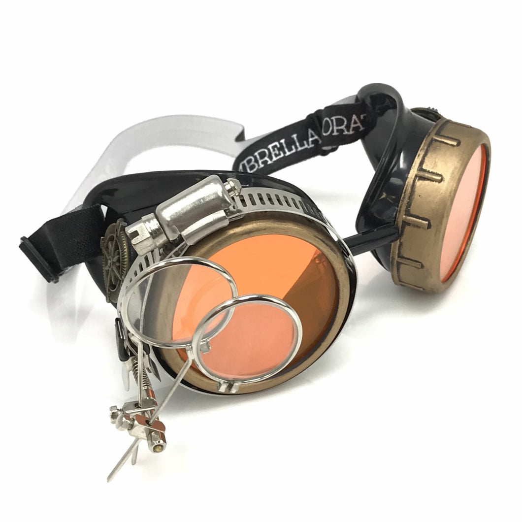 Steampunk Goggles in Victorian style with Compass Design, UV Glow in the Dark Neon Orange Lenses & Ocular Loupe