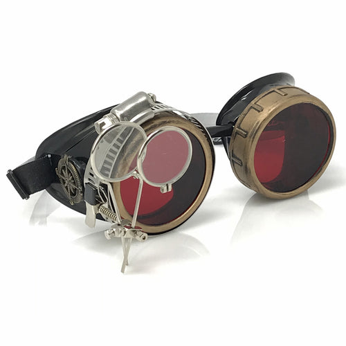 Steampunk Goggles in Victorian style with Compass Design, Rose Red lenses & ocular Loupe