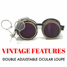 Load image into Gallery viewer, Steampunk Goggles in Victorian style with Compass Design, purple lenses &amp; ocular Loupe