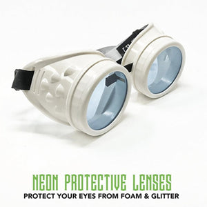 UV Glow in The Dark Steampunk Goggles Retro Round Rave Glasses, White Frame- Neon Blue Lenses