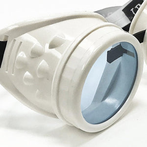 UV Glow in The Dark Steampunk Goggles Retro Round Rave Glasses, White Frame- Neon Blue Lenses