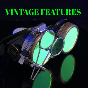 Steampunk Goggles with magnifying loupes UV glow neon green lenses