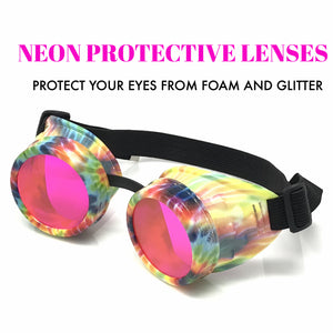 UV Glow in The Dark Steampunk Goggles Retro Round Rave Glasses, Rainbow Frame- Neon Pink Paste Lenses