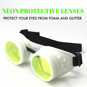 UV Glow in The Dark Steampunk Goggles Retro Round Rave Glasses, White Frame- Neon Green Lenses