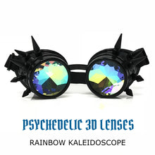 Load image into Gallery viewer, Rave Kaleidoscope Glasses for EDM music festival, Steampunk Diffraction Goggles, black spiked frame