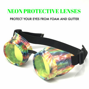 UV Glow in The Dark Steampunk Goggles Retro Round Rave Glasses, Rainbow Frame- Neon Green Lenses