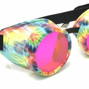 UV Glow in The Dark Steampunk Goggles Retro Round Rave Glasses, Rainbow Frame- Neon Pink Paste Lenses