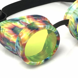 UV Glow in The Dark Steampunk Goggles Retro Round Rave Glasses, Rainbow Frame- Neon Green Lenses
