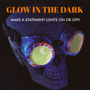 UV Glow in The Dark Steampunk Goggles Retro Round Rave Glasses, Rainbow Frame- Neon Orange Lenses