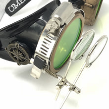 Load image into Gallery viewer, Steampunk Goggles in Victorian style with Compass Design,UV glow Neon Green lenses &amp; ocular Loupe