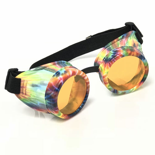 UV Glow in The Dark Steampunk Goggles Retro Round Rave Glasses, Rainbow Frame- Neon Orange Lenses