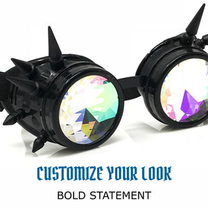 Rave Kaleidoscope Glasses for EDM music festival, Steampunk Diffraction Goggles, black spiked frame