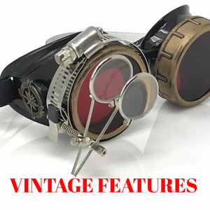 Steampunk Goggles in Victorian style with Compass Design, Rose Red lenses & ocular Loupe