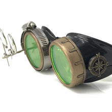 Load image into Gallery viewer, Steampunk Goggles with magnifying loupes UV glow neon green lenses