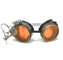 Load image into Gallery viewer, Steampunk Goggles in Victorian style with Compass Design,UV glow Neon Orange lenses &amp; ocular Loupe, Rave Diffraction Glasses