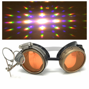 Steampunk Goggles in Victorian style with Compass Design,UV glow Neon Orange lenses & ocular Loupe, Rave Diffraction Glasses