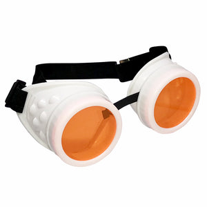 UV Glow in The Dark Steampunk Goggles Retro Round Rave Glasses, White Frame- Neon Orange Lenses