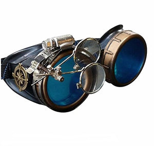 Victorian Steampunk Goggles azure blue lenses rose compass with magnifying eye loupes