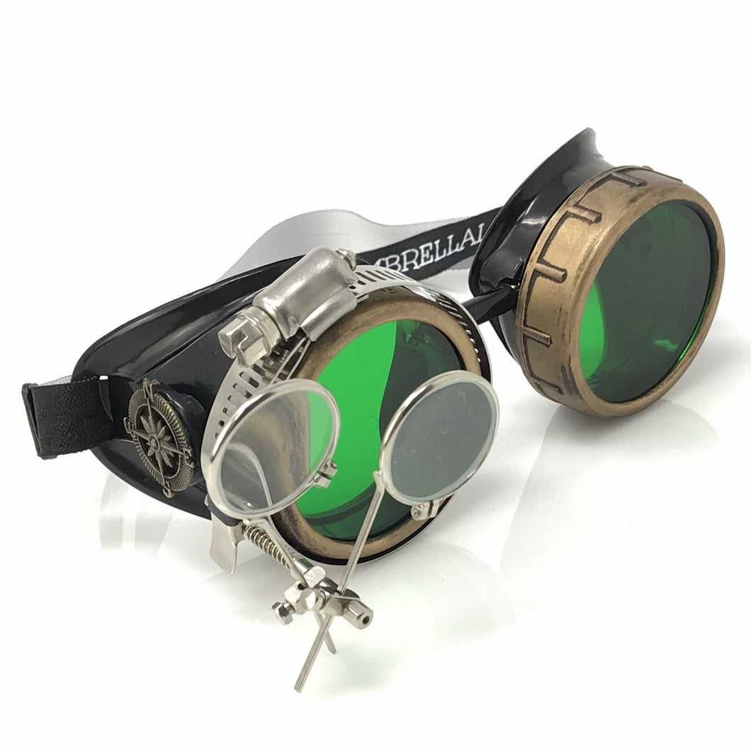 Steampunk Goggles in Victorian style with Compass Design, Emerald Green & ocular Loupe